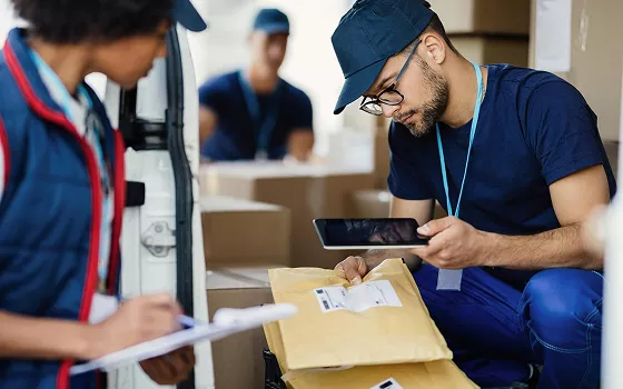 Logistics coordinator managing shipments on a large digital screen
