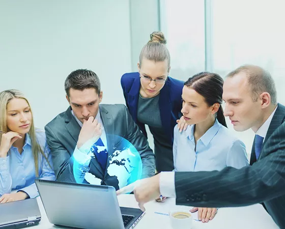Modern office building with a global map overlay