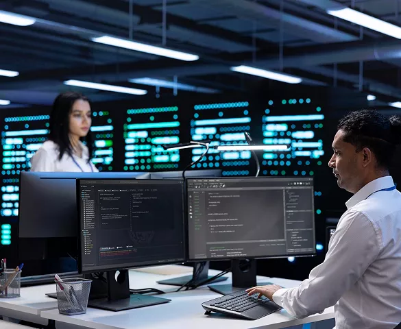 A team collaborating around a central database interface