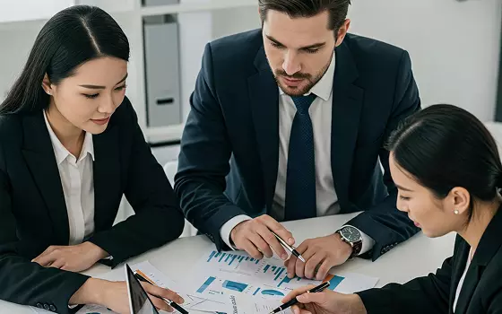 Team collaborating on financial charts